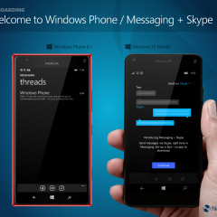 Welcome to Windows Phone message (WP8.1) / Messaging + Skype opt-in screen (W10M)