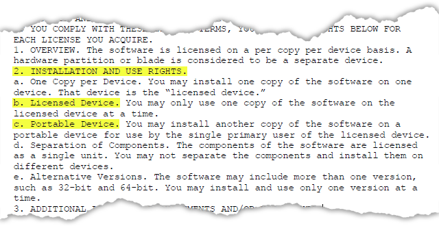 An extract from the Office 2010 licensing terms.